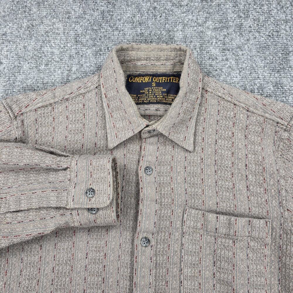 Comfort Outfitter Shirt Mens Small Beige Textured Knit Stripe Cotton Button Up